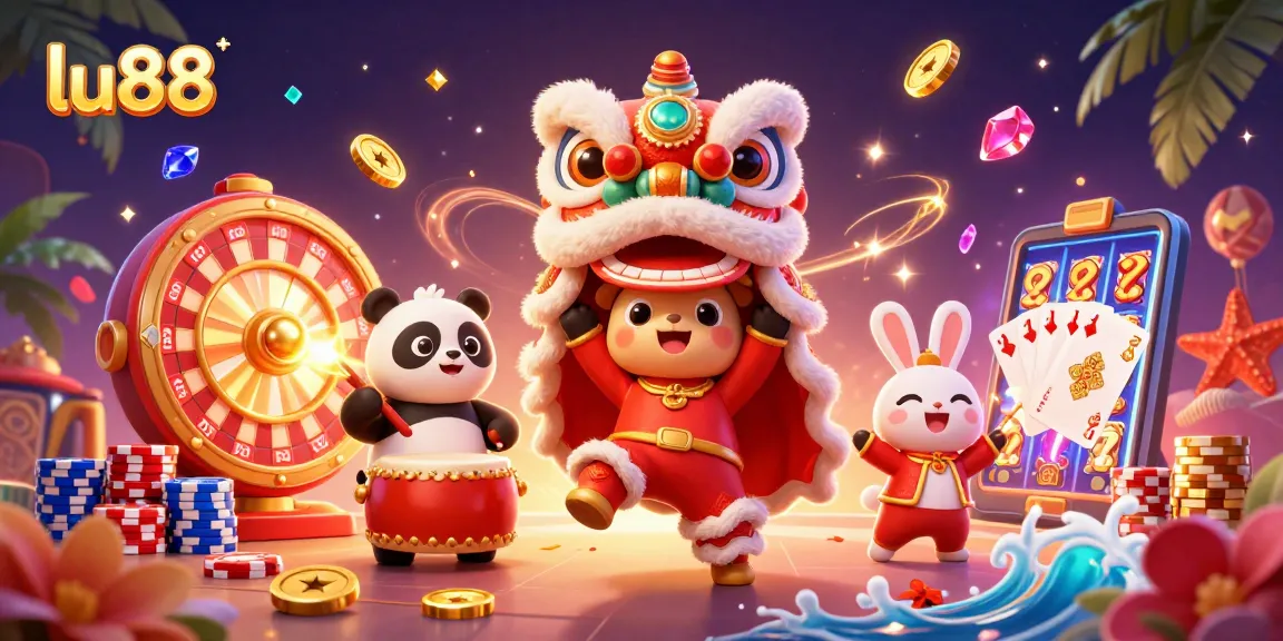 Win big with lu88 in a vibrant casino scene featuring festive characters and gold rewards.
