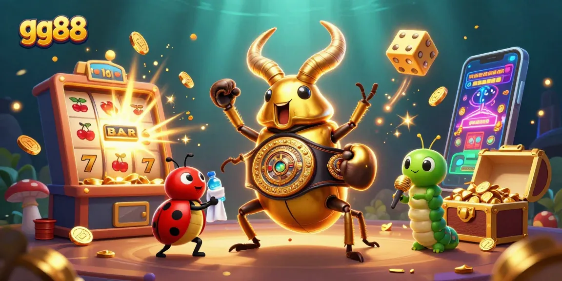 Experience the excitement of gg88 with a vibrant 3D casino scene featuring a golden stag beetle, slot machine, and colorful game elements.