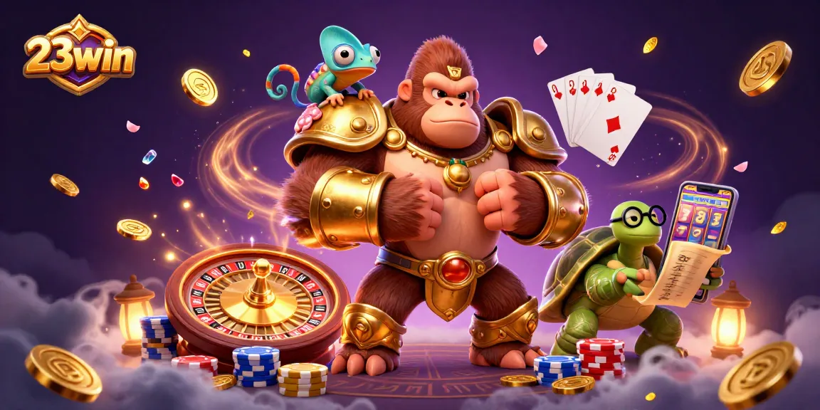 Experience the excitement of 23win through dynamic 3D characters and casino elements showcasing thrilling gaming action.
