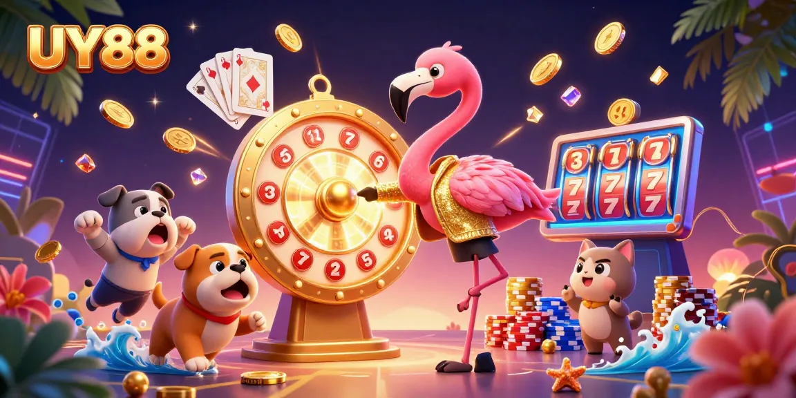 Spin to win with UY88's exciting game show scene featuring a flamingo host, jumping bulldog, and revealing scoreboard cat.