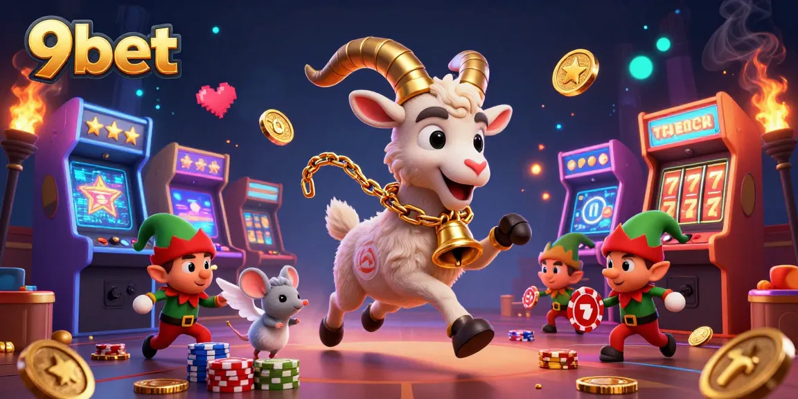 9bet's holiday-themed casino scene with Krampus, angel mouse, and mischievous gremlins stealing chips