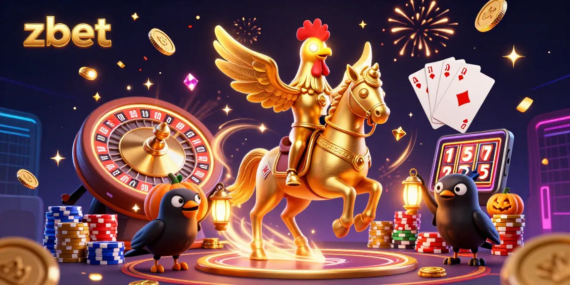 zbet offers a vibrant casino experience with golden rooster, glowing gems, and spinning roulette.