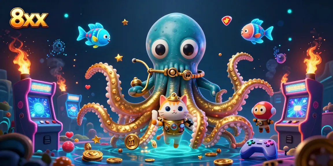 Engage with 8xx gaming action featuring vibrant kraken and diving cat amidst casino elements.