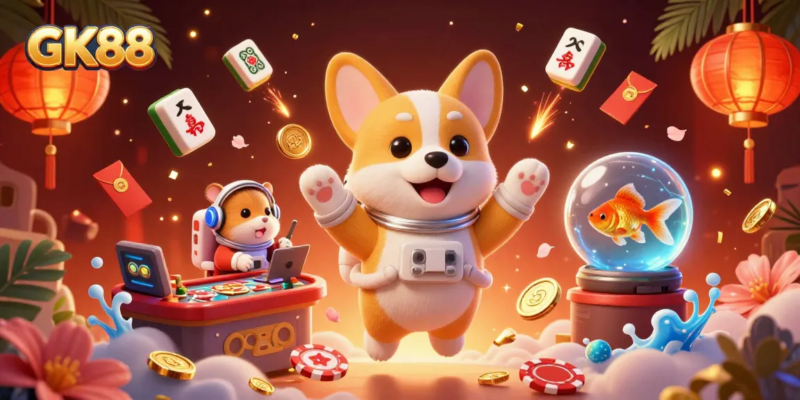 GK88 online casino illustration with a floating corgi and vibrant gambling elements