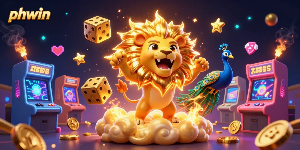 Experience phwin's casino magic with a roaring sun lion, golden dice, and vibrant arcade elements.