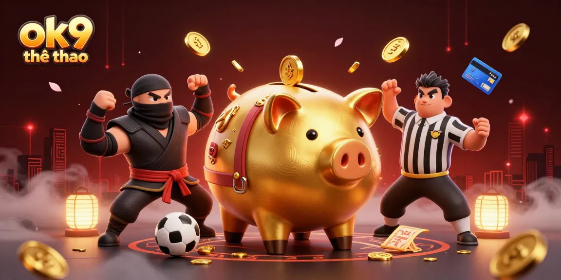 Engage in thrilling ok9 thể thao betting action with a dynamic sports scene featuring a colossal piggy bank.