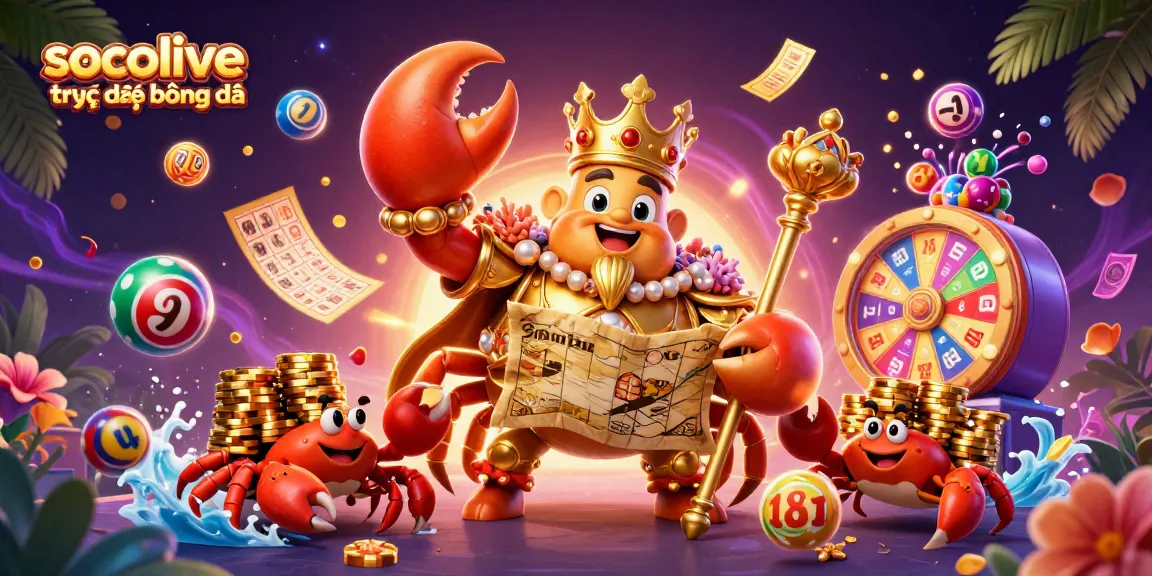 Socolive trực tiếp bóng đá showcasing a vibrant scene with cartoon crab emperor and gambling elements.
