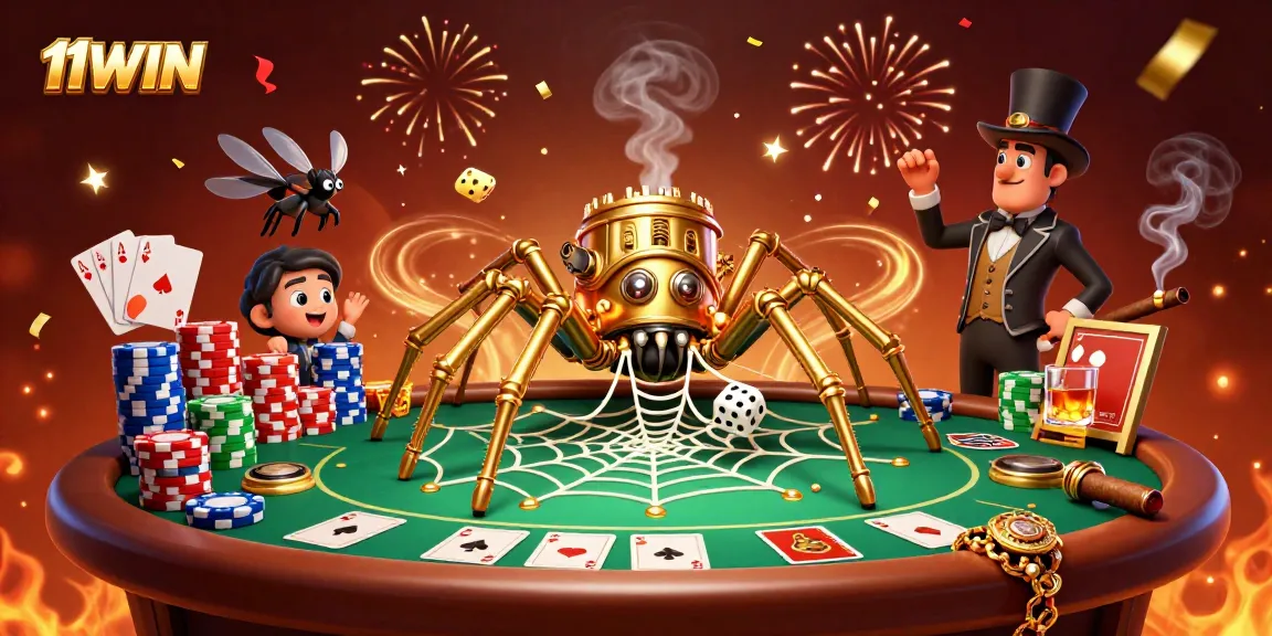 Engage with the allure of 11WIN in this dynamic steampunk casino scene filled with poker chips and celebration.