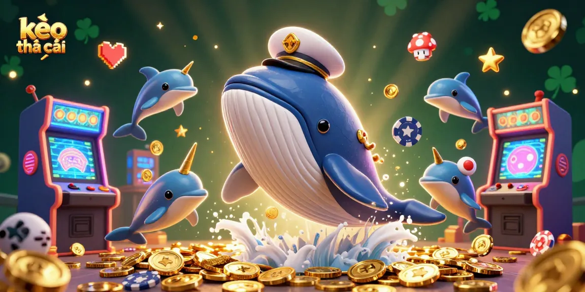 Engage in kèo nhà cái excitement with a whale captain leading playful dolphins in a vibrant casino scene.