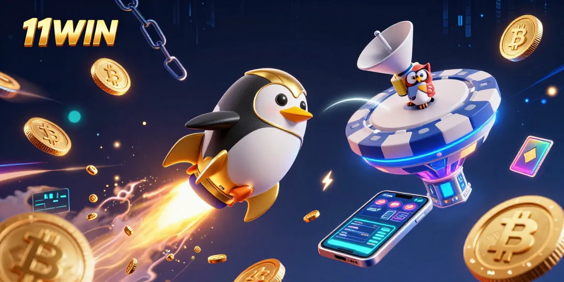 Win big with 11WIN as the golden penguin flies towards a dazzling casino!