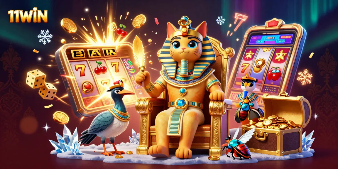 Experience the thrill of 11WIN with a vibrant 3D casino scene featuring a pharaoh cat, slot machine, and treasures.