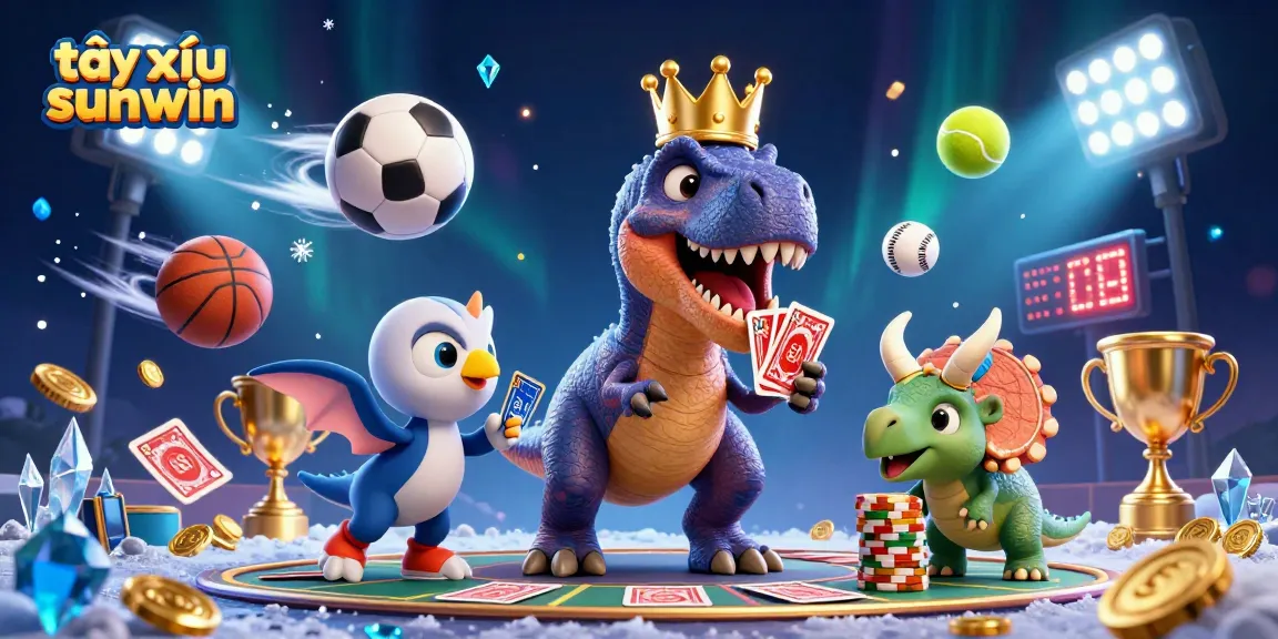 Experience thrilling tài xỉu sunwin excitement with a vibrant 3D illustration featuring playful dinosaurs in a casino scene.