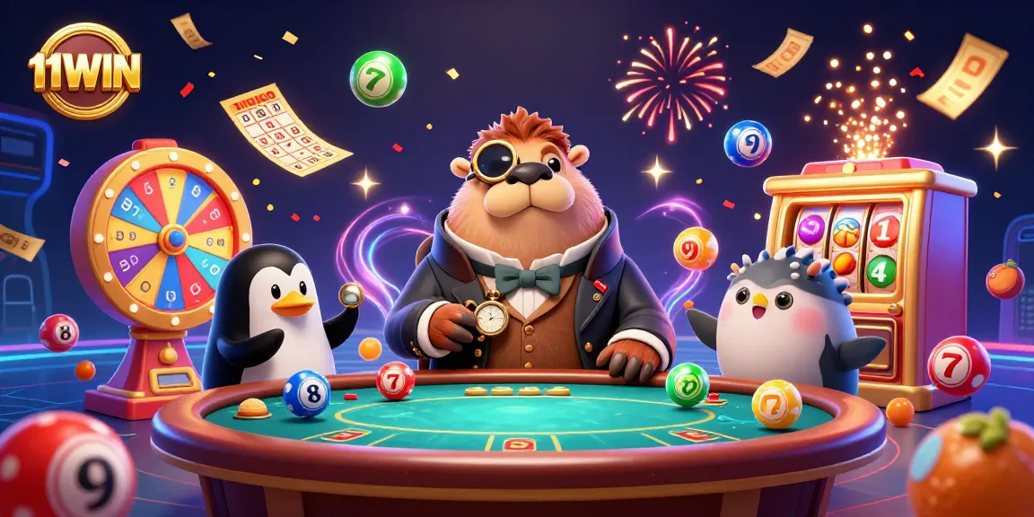 Engage in thrilling aquatic poker action with 11WIN, featuring a vibrant walrus, penguin dealer, and pufferfish amidst colorful lottery elements.