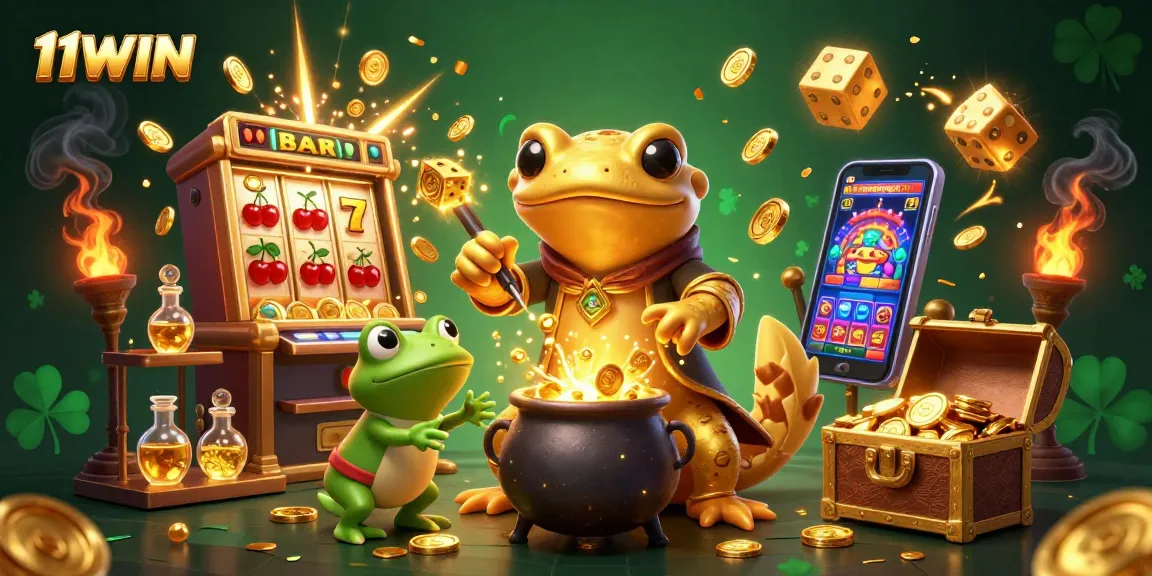 Experience the excitement of winning with 11WIN as a golden salamander alchemist transforms coins in a lively casino scene.