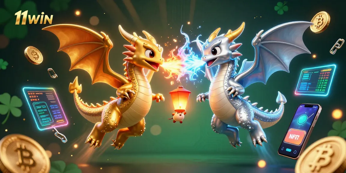 11WIN showcases excitement with dragons, crypto coins, and vibrant casino elements in a dynamic scene.