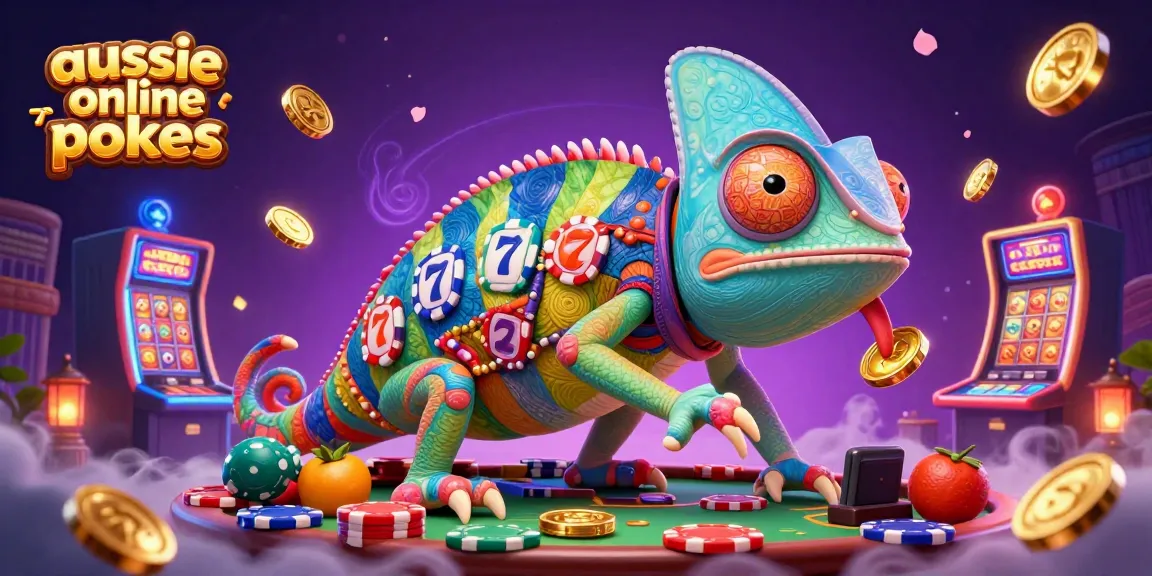 Aussie online pokies chameleon casino owner amidst colorful cartoon slots, jackpots, and golden coins.
