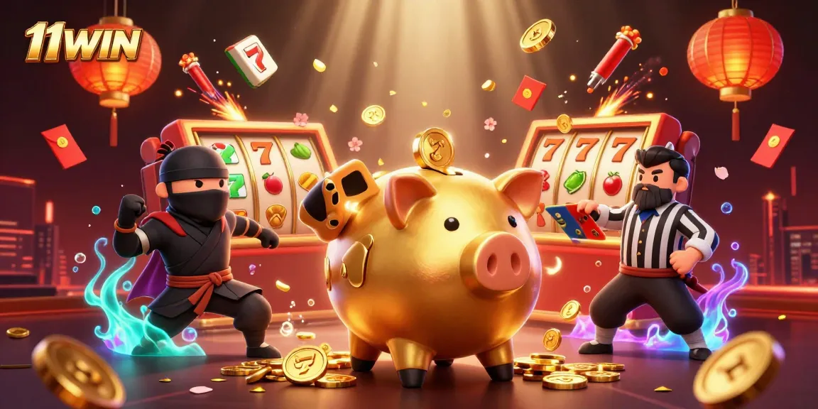 Engage with 11WIN’s vibrant casino scene featuring a sumo grappling a wallet ninja amid spinning slots and fireworks.