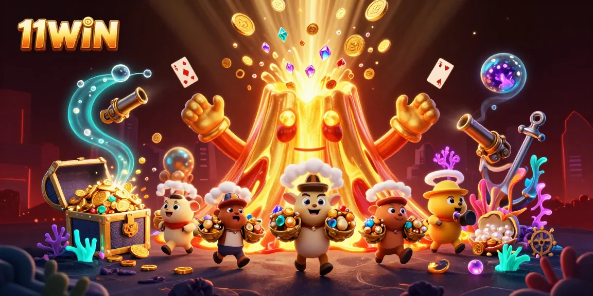 Engage with thrilling gameplay at 11WIN, featuring a vibrant casino scene with treasures, games, and excitement.