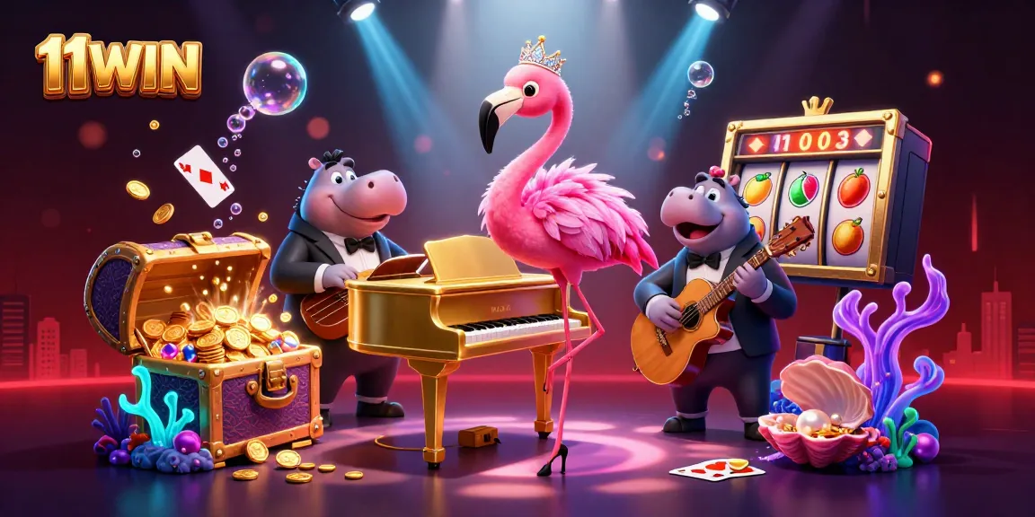 Experience the thrill of winning with 11WIN's captivating casino illustration featuring vibrant slot reels and characters.