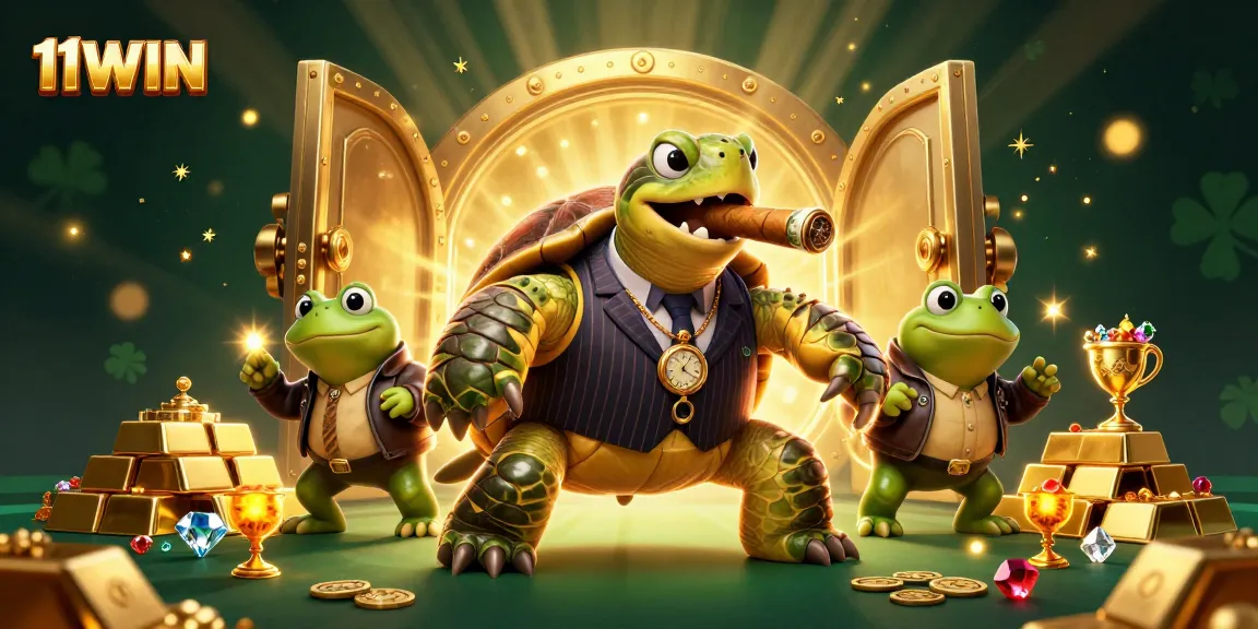 Experience the excitement of 11WIN with vibrant casino characters and gold treasures surrounding them.