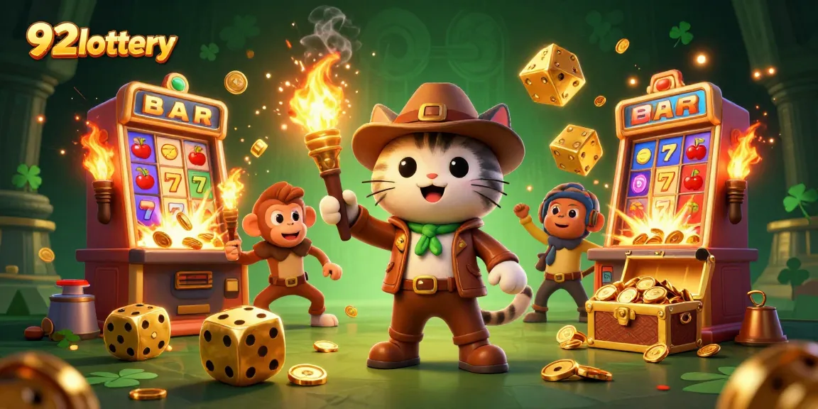 Engage with 92lottery as a 3D cartoon archaeologist cat explores a treasure-filled casino